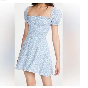Reformation Orangerie‎ Blue Floral Smocked Mini Dress XL Puff Sleeve Square Neck